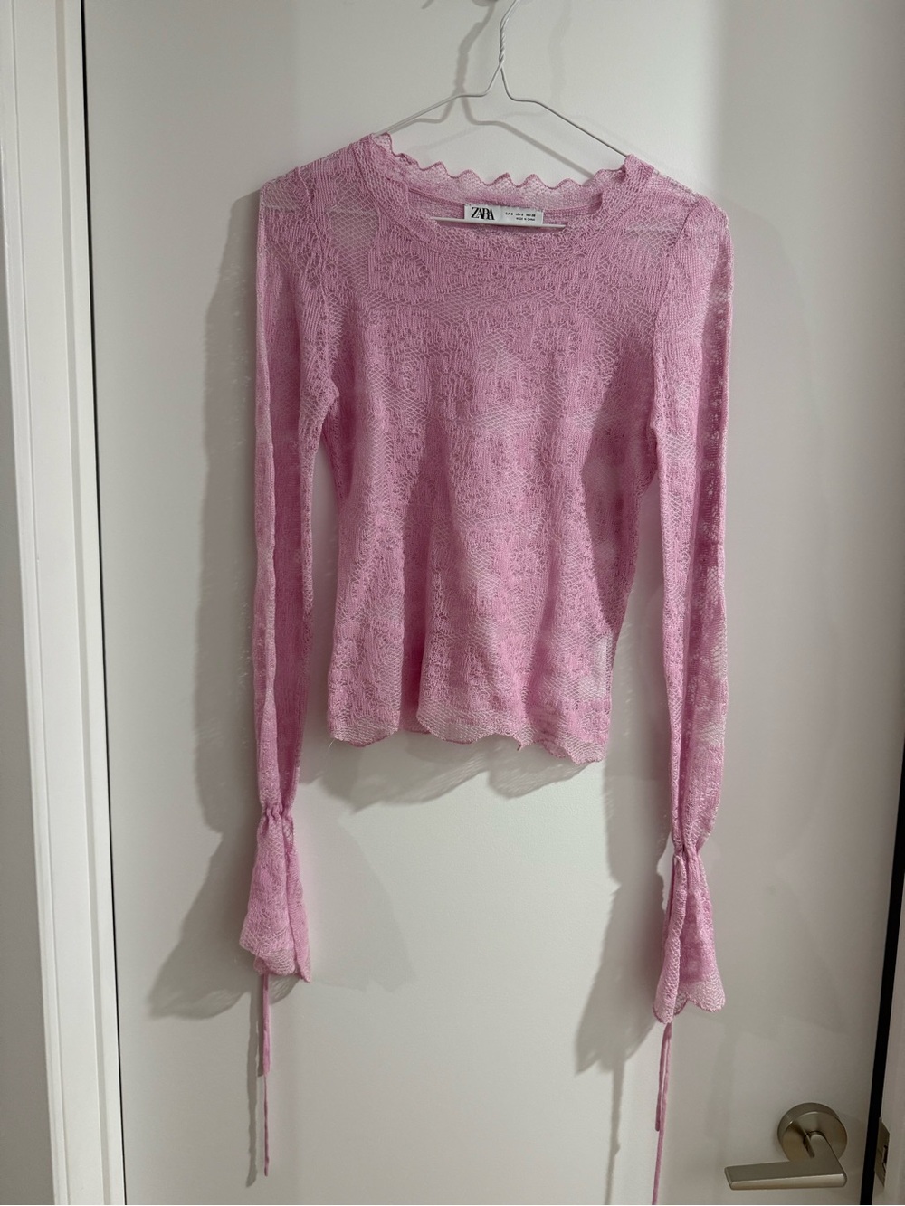 Zara Light Pink Lace Long-Sleeve Tie-Cuff Top